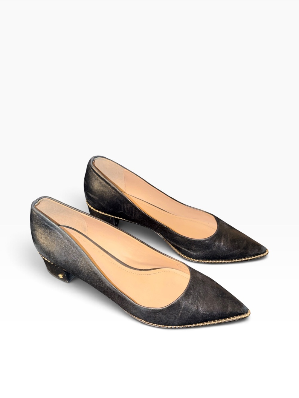 Coach Black Pointed Toe Low Heel Pumps with Gold Trim